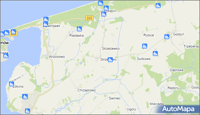 mapa Strzeżewo gmina Kamień Pomorski, Strzeżewo gmina Kamień Pomorski na mapie Targeo