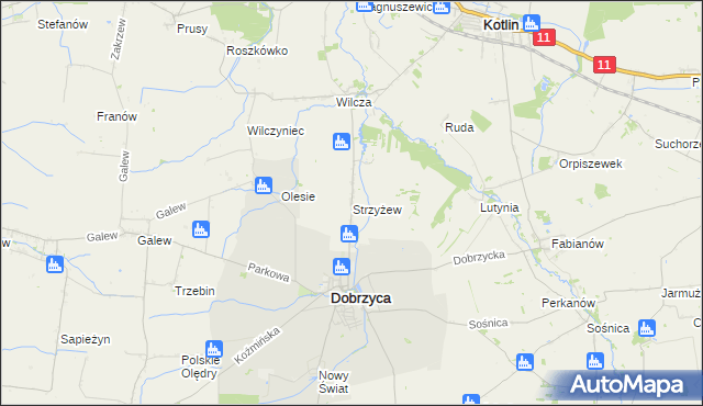 mapa Strzyżew gmina Dobrzyca, Strzyżew gmina Dobrzyca na mapie Targeo