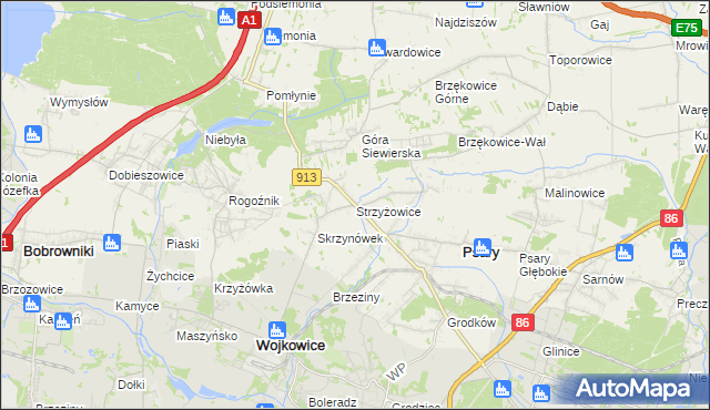 mapa Strzyżowice gmina Psary, Strzyżowice gmina Psary na mapie Targeo