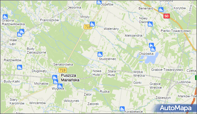 mapa Studzieniec gmina Puszcza Mariańska, Studzieniec gmina Puszcza Mariańska na mapie Targeo