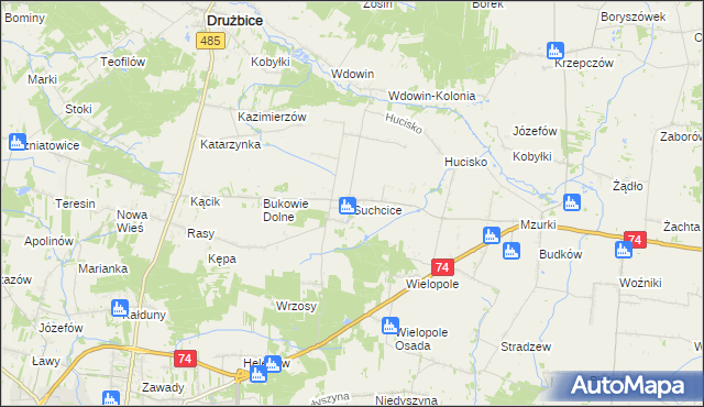 mapa Suchcice gmina Drużbice, Suchcice gmina Drużbice na mapie Targeo