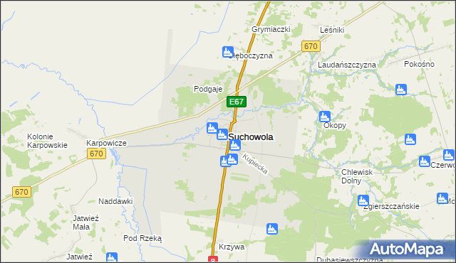 mapa Suchowola powiat sokólski, Suchowola powiat sokólski na mapie Targeo