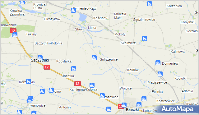 mapa Suliszewice gmina Błaszki, Suliszewice gmina Błaszki na mapie Targeo