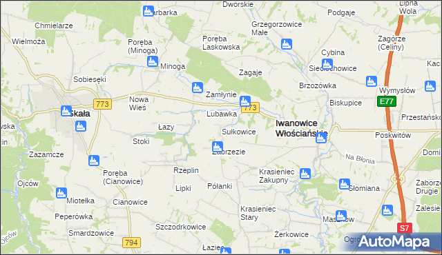 mapa Sułkowice gmina Iwanowice, Sułkowice gmina Iwanowice na mapie Targeo