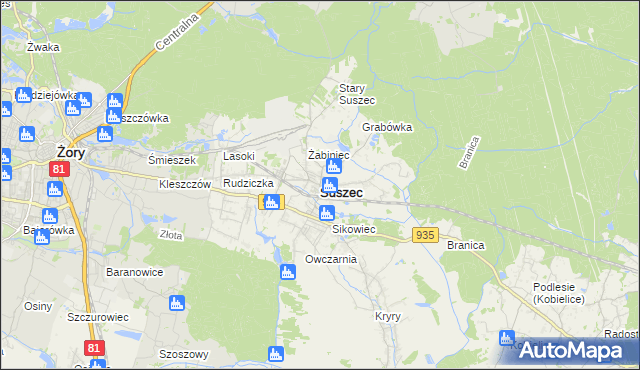 mapa Suszec powiat pszczyński, Suszec powiat pszczyński na mapie Targeo