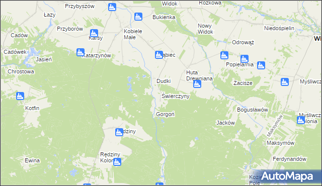 mapa Świerczyny gmina Kobiele Wielkie, Świerczyny gmina Kobiele Wielkie na mapie Targeo