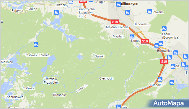 mapa Świnki gmina Modliborzyce, Świnki gmina Modliborzyce na mapie Targeo