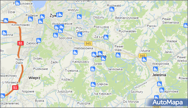 mapa Świnna powiat żywiecki, Świnna powiat żywiecki na mapie Targeo