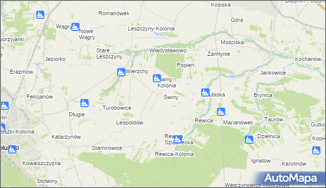 mapa Świny gmina Koluszki, Świny gmina Koluszki na mapie Targeo