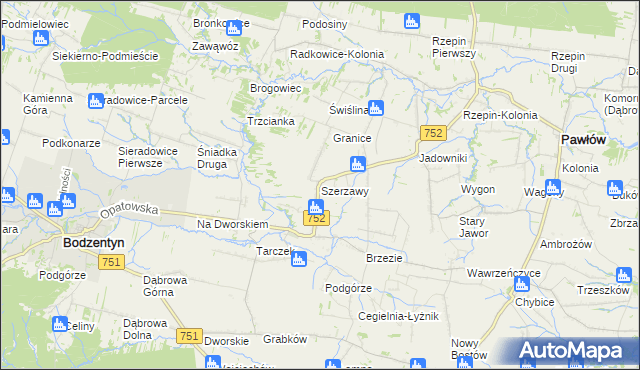 mapa Szerzawy gmina Pawłów, Szerzawy gmina Pawłów na mapie Targeo