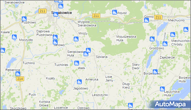 mapa Szklana gmina Sierakowice, Szklana gmina Sierakowice na mapie Targeo