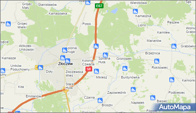 mapa Szklana Huta gmina Złoczew, Szklana Huta gmina Złoczew na mapie Targeo