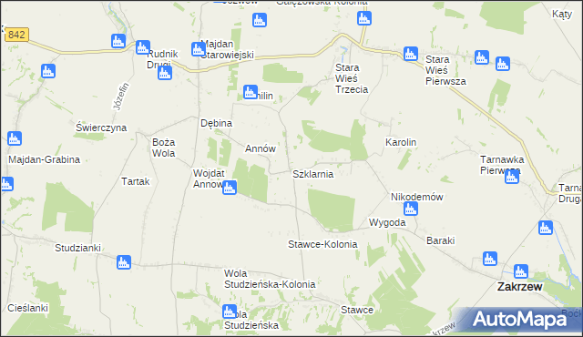 mapa Szklarnia gmina Zakrzew, Szklarnia gmina Zakrzew na mapie Targeo