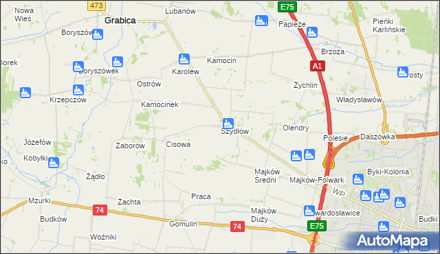 mapa Szydłów gmina Grabica, Szydłów gmina Grabica na mapie Targeo