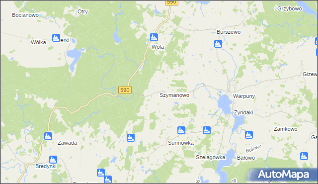 mapa Szymanowo gmina Sorkwity, Szymanowo gmina Sorkwity na mapie Targeo