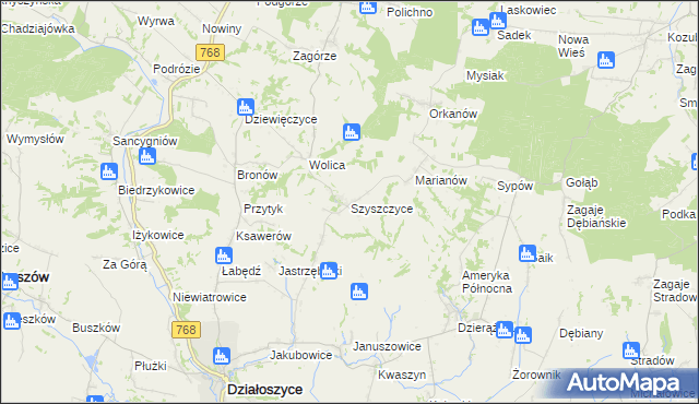 mapa Szyszczyce gmina Działoszyce, Szyszczyce gmina Działoszyce na mapie Targeo
