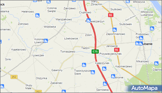 mapa Tadzin gmina Lubanie, Tadzin gmina Lubanie na mapie Targeo