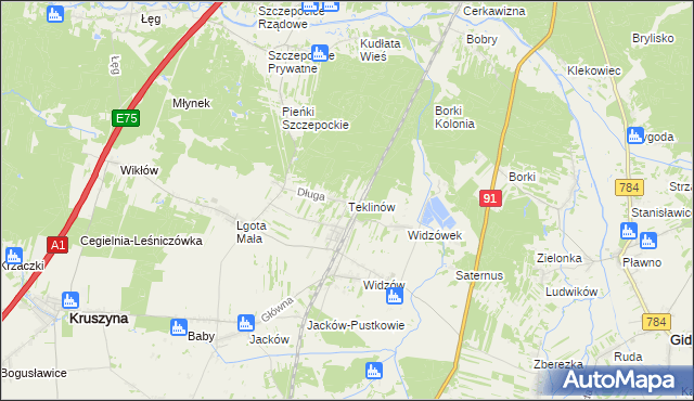 mapa Teklinów gmina Kruszyna, Teklinów gmina Kruszyna na mapie Targeo