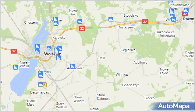 mapa Tłoki gmina Wolsztyn, Tłoki gmina Wolsztyn na mapie Targeo