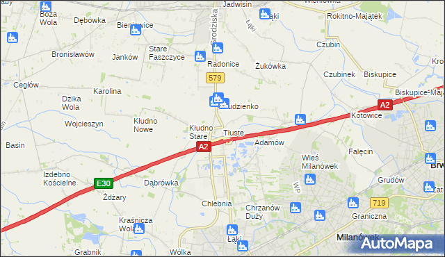 mapa Tłuste gmina Grodzisk Mazowiecki, Tłuste gmina Grodzisk Mazowiecki na mapie Targeo