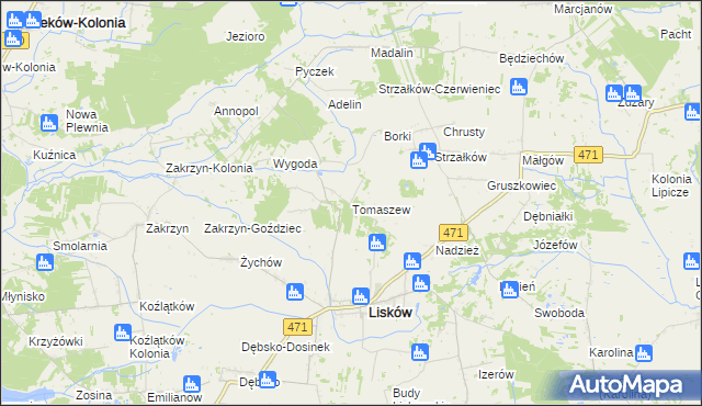 mapa Tomaszew gmina Lisków, Tomaszew gmina Lisków na mapie Targeo