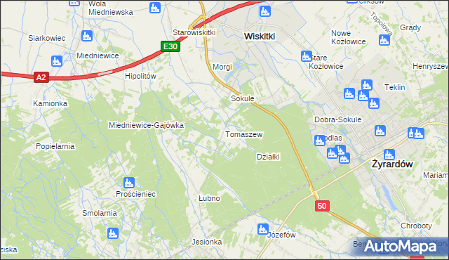 mapa Tomaszew gmina Wiskitki, Tomaszew gmina Wiskitki na mapie Targeo