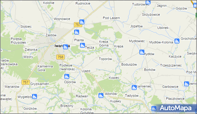mapa Toporów gmina Iwaniska, Toporów gmina Iwaniska na mapie Targeo