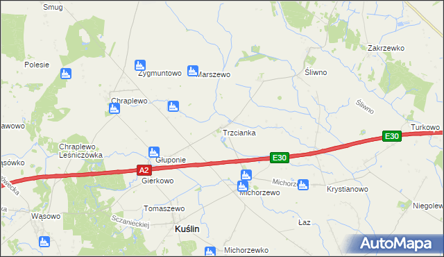 mapa Trzcianka gmina Kuślin, Trzcianka gmina Kuślin na mapie Targeo