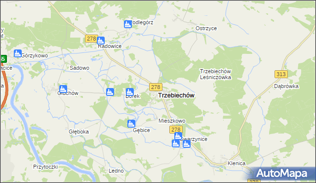 mapa Trzebiechów powiat zielonogórski, Trzebiechów powiat zielonogórski na mapie Targeo