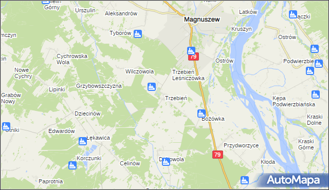 mapa Trzebień gmina Magnuszew, Trzebień gmina Magnuszew na mapie Targeo