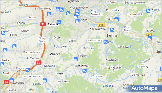 mapa Trzebinia gmina Świnna, Trzebinia gmina Świnna na mapie Targeo