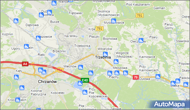 mapa Trzebinia powiat chrzanowski, Trzebinia powiat chrzanowski na mapie Targeo