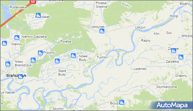 mapa Tuchlin gmina Brańszczyk, Tuchlin gmina Brańszczyk na mapie Targeo