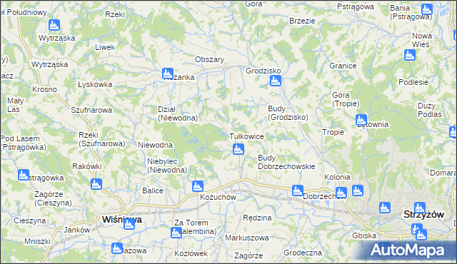 mapa Tułkowice gmina Wiśniowa, Tułkowice gmina Wiśniowa na mapie Targeo
