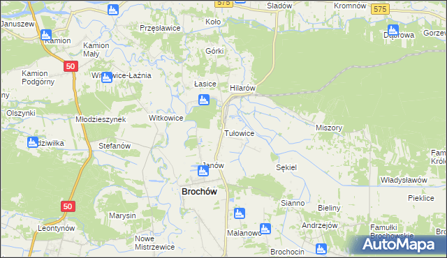 mapa Tułowice gmina Brochów, Tułowice gmina Brochów na mapie Targeo