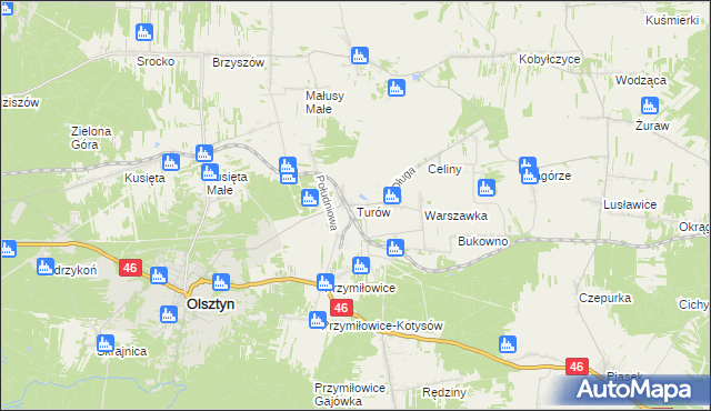 mapa Turów gmina Olsztyn, Turów gmina Olsztyn na mapie Targeo