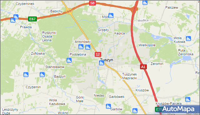 mapa Tuszyn powiat łódzki wschodni, Tuszyn powiat łódzki wschodni na mapie Targeo