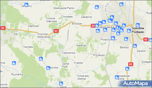 mapa Walerów gmina Sokołów Podlaski, Walerów gmina Sokołów Podlaski na mapie Targeo