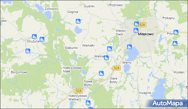 mapa Warkały gmina Miłakowo, Warkały gmina Miłakowo na mapie Targeo