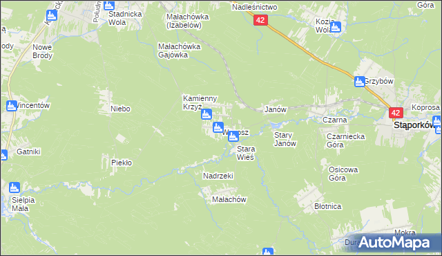 mapa Wąsosz gmina Końskie, Wąsosz gmina Końskie na mapie Targeo