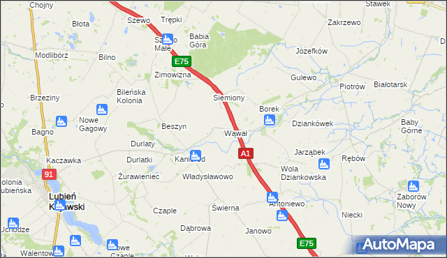 mapa Wąwał gmina Lubień Kujawski, Wąwał gmina Lubień Kujawski na mapie Targeo