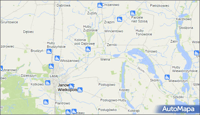 mapa Wełna gmina Janowiec Wielkopolski, Wełna gmina Janowiec Wielkopolski na mapie Targeo