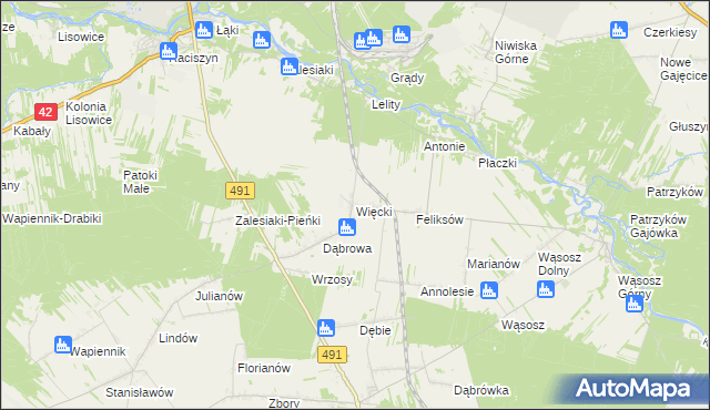 mapa Więcki gmina Popów, Więcki gmina Popów na mapie Targeo