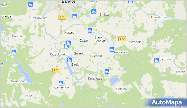 mapa Wiele gmina Barwice, Wiele gmina Barwice na mapie Targeo