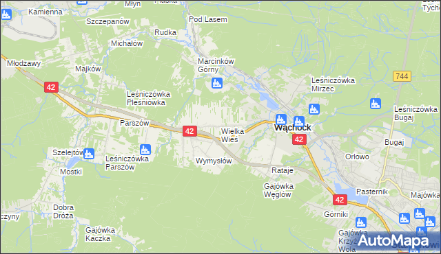 mapa Wielka Wieś gmina Wąchock, Wielka Wieś gmina Wąchock na mapie Targeo