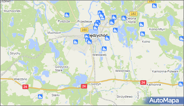 mapa Wielowieś gmina Międzychód, Wielowieś gmina Międzychód na mapie Targeo