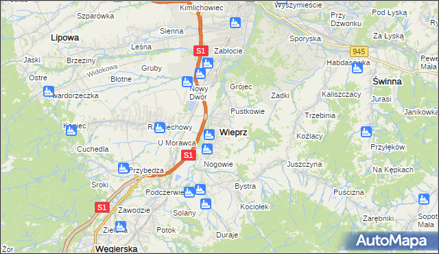 mapa Wieprz gmina Radziechowy-Wieprz, Wieprz gmina Radziechowy-Wieprz na mapie Targeo