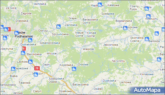 mapa Wieprzec gmina Maków Podhalański, Wieprzec gmina Maków Podhalański na mapie Targeo