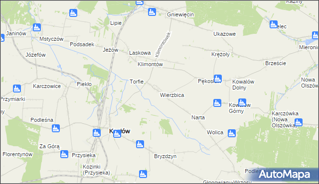 mapa Wierzbica gmina Kozłów, Wierzbica gmina Kozłów na mapie Targeo