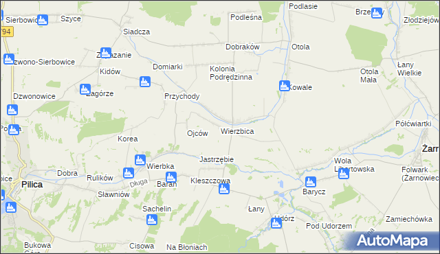 mapa Wierzbica gmina Pilica, Wierzbica gmina Pilica na mapie Targeo